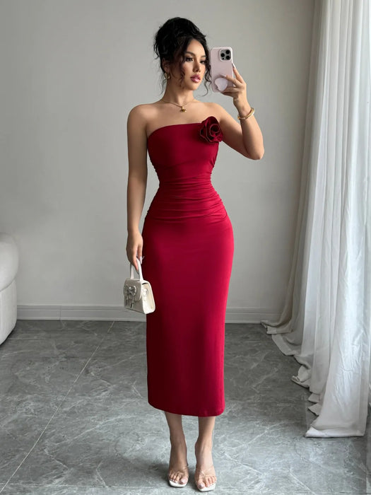 Slit Back Flower Tube Midi Dress - Byyde