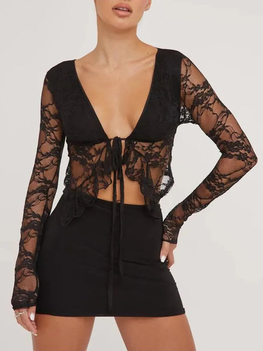 Tied Plunge Long Sleeve Lace Cropped Shirt - Byyde