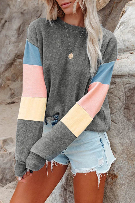 Color Block Round Neck Long Sleeve Sweatshirt - Byyde