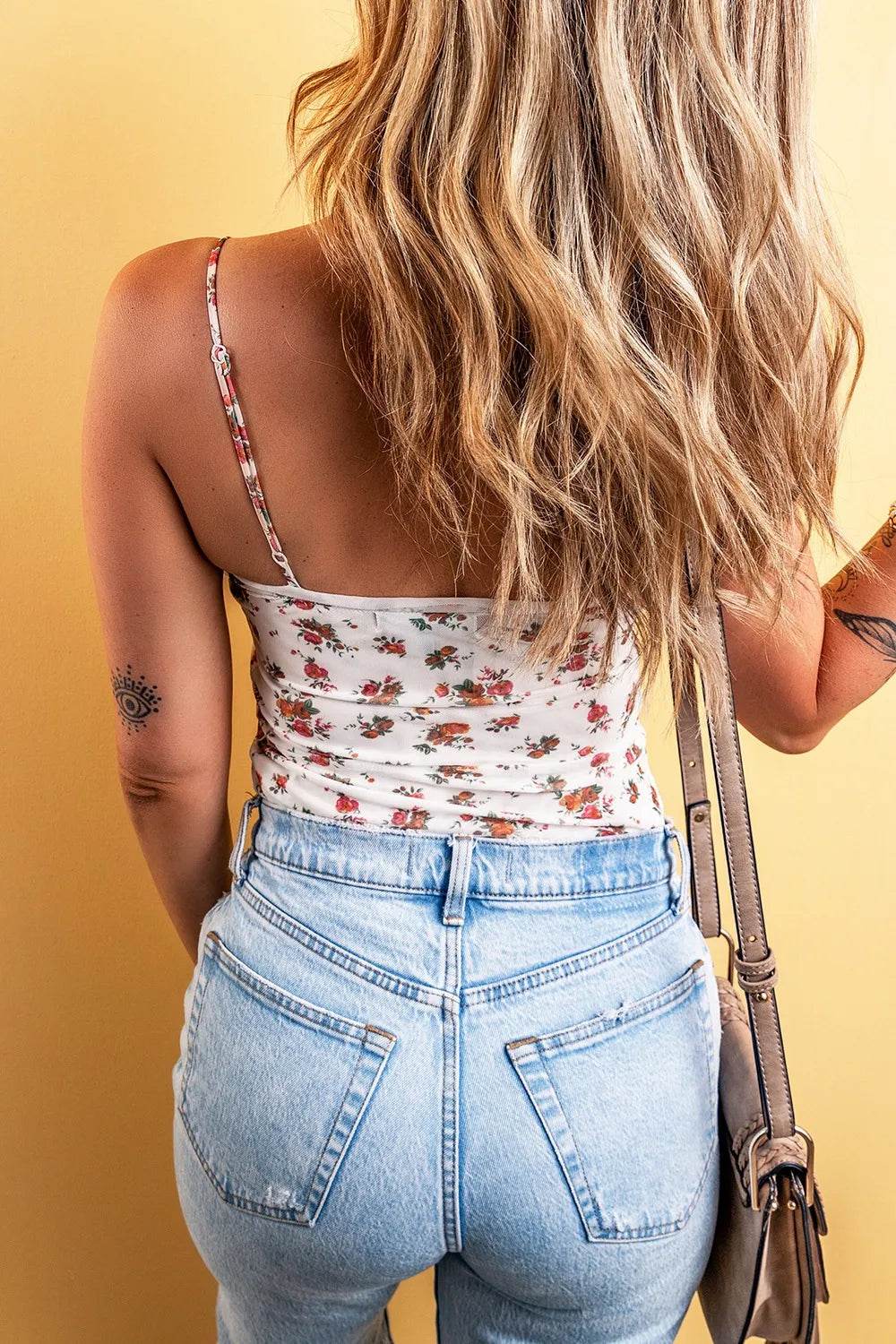 Floral Frilled Trim Spaghetti Straps Bodysuit - Byyde
