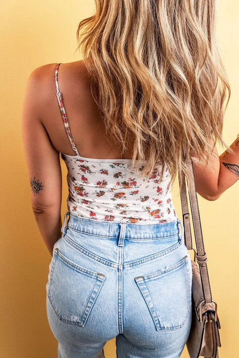 Floral Frilled Trim Spaghetti Straps Bodysuit - Byyde