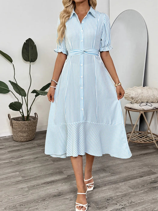 Striped Button-Down Midi Shirt Dress with Ruffle Sleeves - Byyde