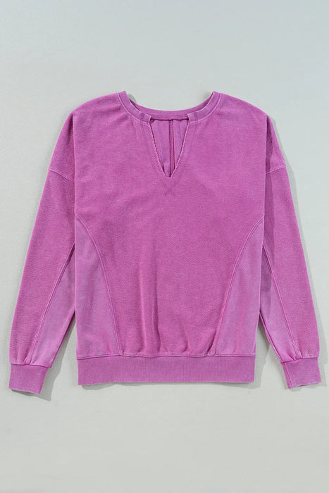 Notched Drop Shoulder Long Sleeve Sweatshirt - Byyde