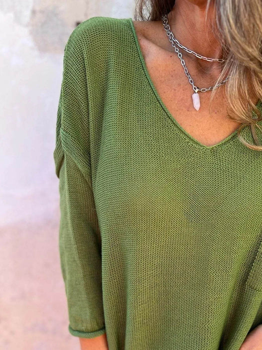 Full Size Casual V-Neck Knit Sweater Plus Size - Byyde