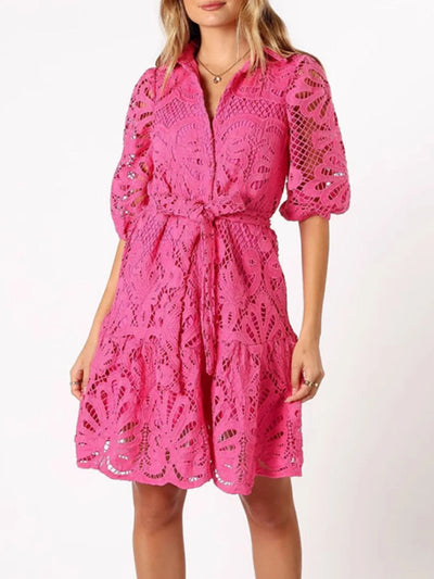 Lace Tie Waist Half Sleeve Dress - Byyde