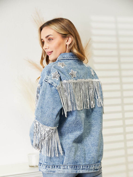 Fringe Detail Long Sleeve Denim Jacket - Byyde