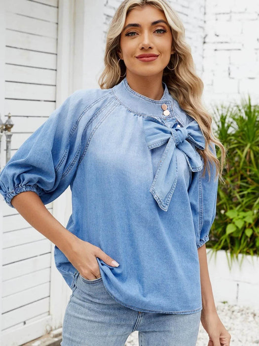 Denim Bow Tie Puff Sleeve Top - Byyde