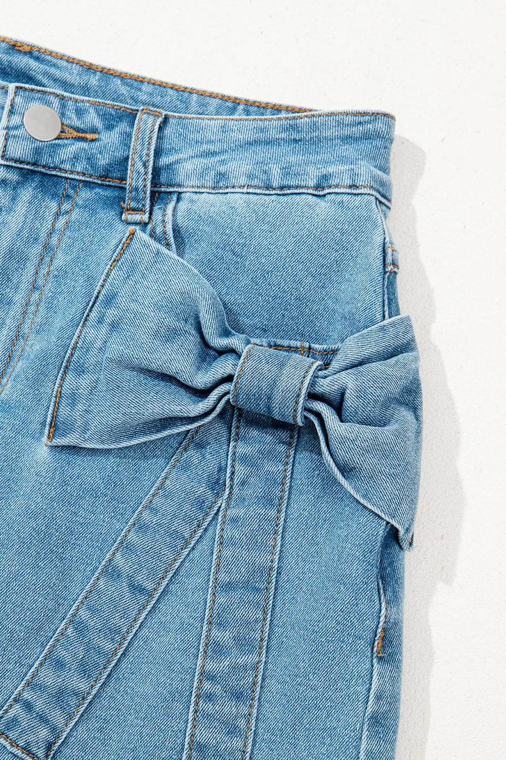 Acid Wash Bowknot Details High Waist Denim Skirt - Byyde