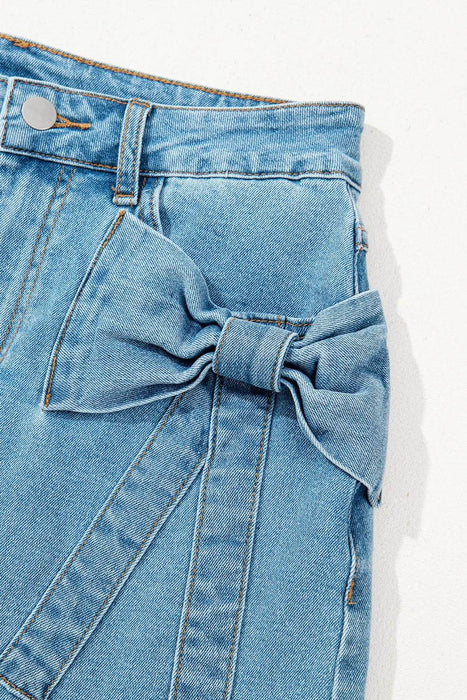 Acid Wash Bowknot Details High Waist Denim Skirt - Byyde