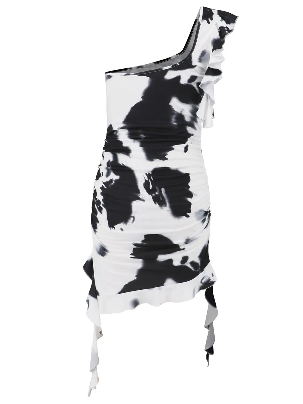 Ruffled Tie-Dye Single Shoulder Mini Dress - Byyde