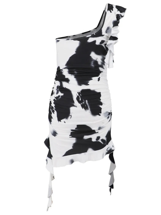 Ruffled Tie-Dye Single Shoulder Mini Dress - Byyde