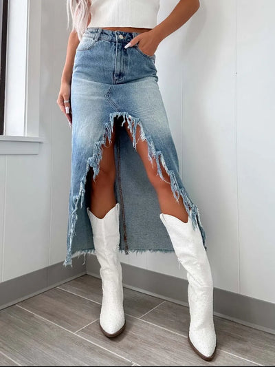 High-Waist Raw Hem Asymmetry Denim Skirt - Byyde