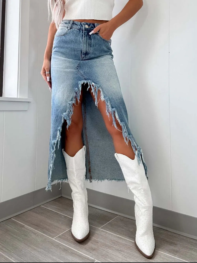 High-Waist Raw Hem Asymmetry Denim Skirt - Byyde