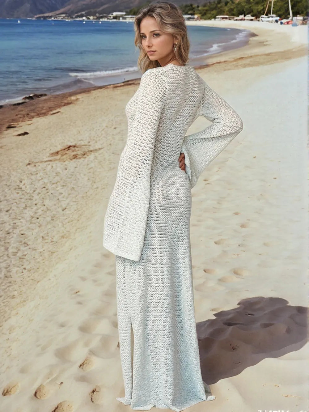 Slit Plunge Flare Sleeve Cover-Up Dress - Byyde