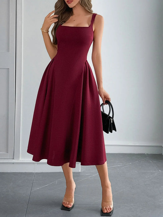 Square Neck Wide Strap Midi Dress - Byyde