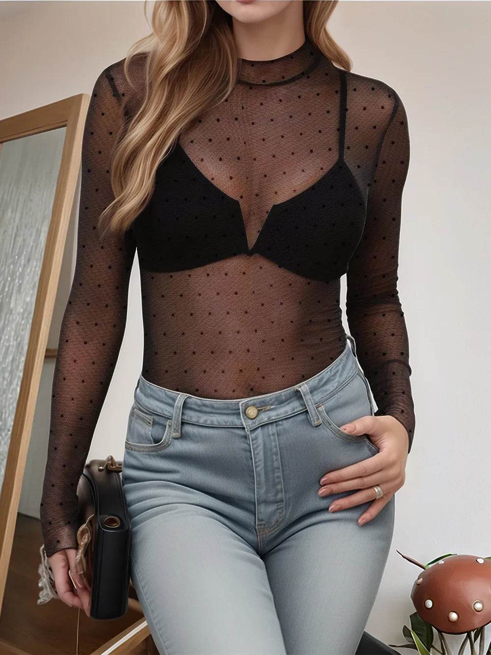 Floral Mock Neck Long Sleeve Mesh Top - Byyde