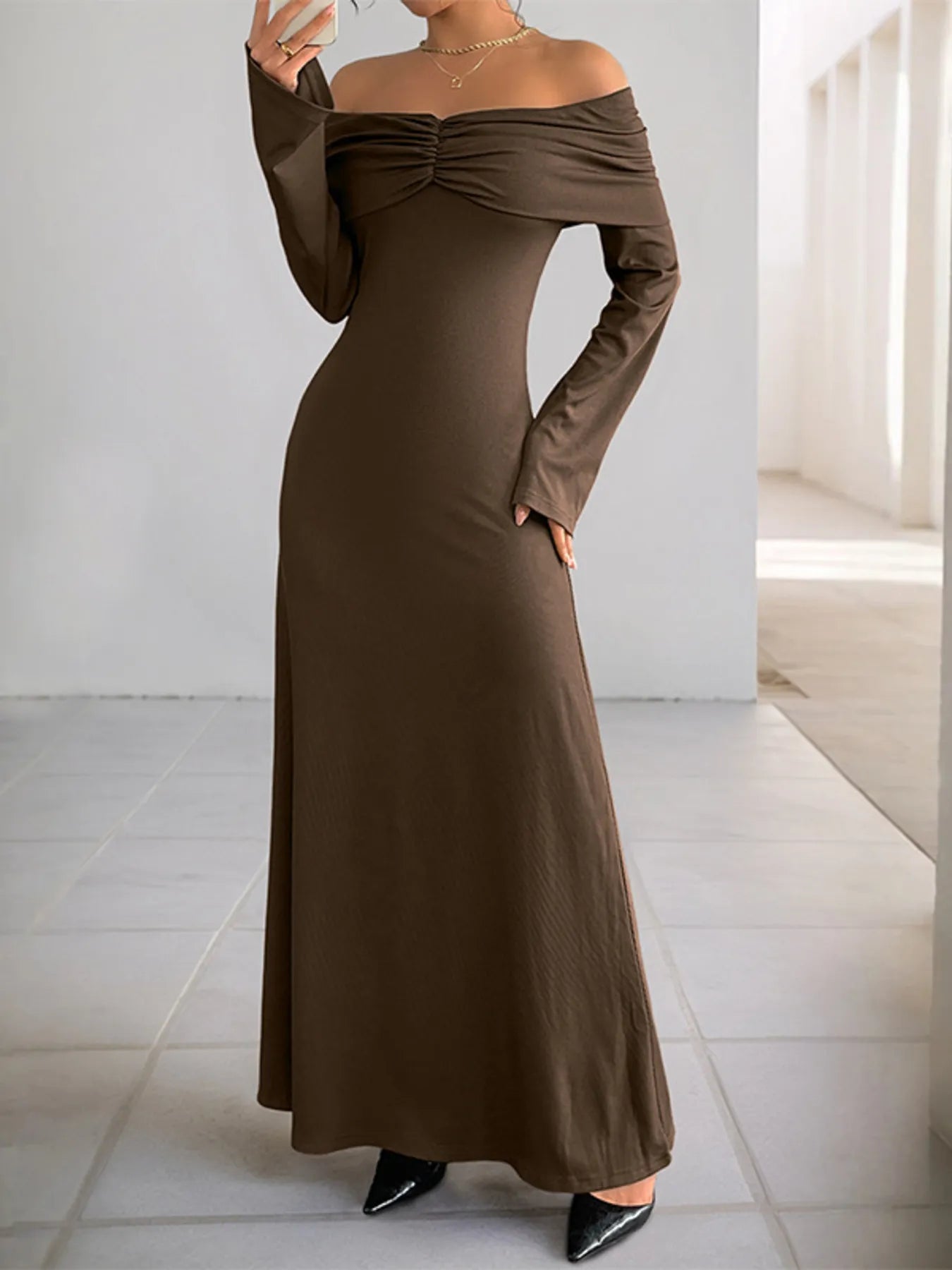 Off-Shoulder Long Sleeve Bodycon Maxi Dress - Byyde