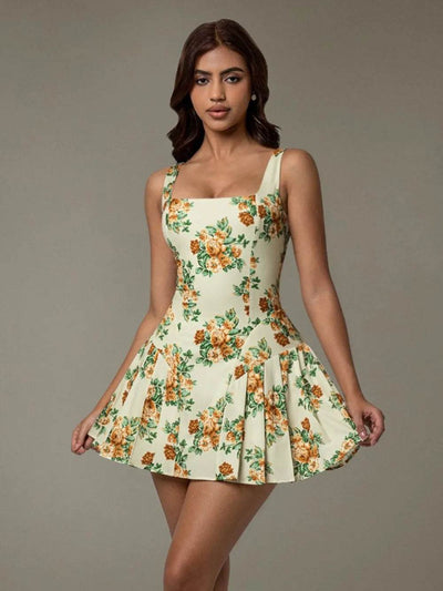 Floral Sleeveless Mini Pleated Dress - Byyde
