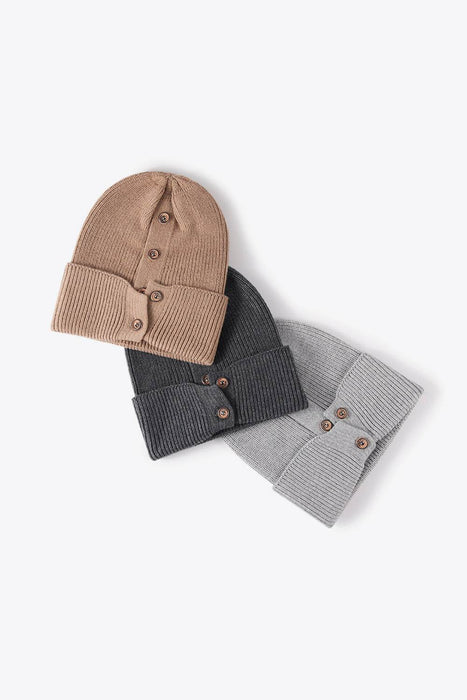 Button Detail Rib-Knit Cuff Beanie - Byyde