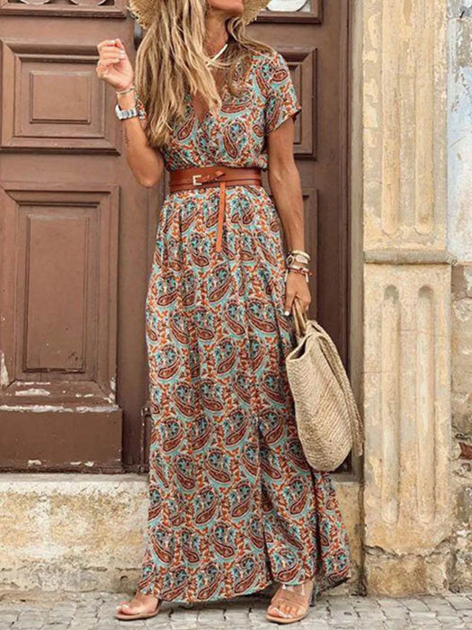 Full Size Printed V-Neck Short Sleeve Maxi Dress Plus Size - Byyde