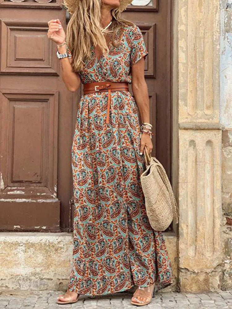 Full Size Printed V-Neck Short Sleeve Maxi Dress Plus Size - Byyde