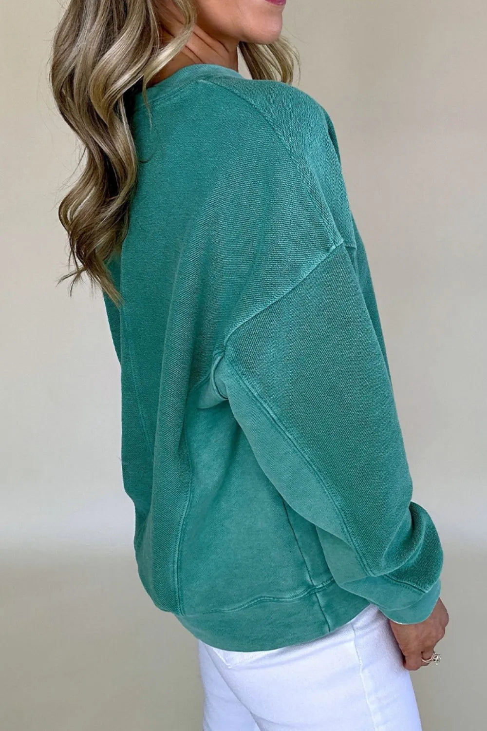 Notched Drop Shoulder Long Sleeve Sweatshirt - Byyde