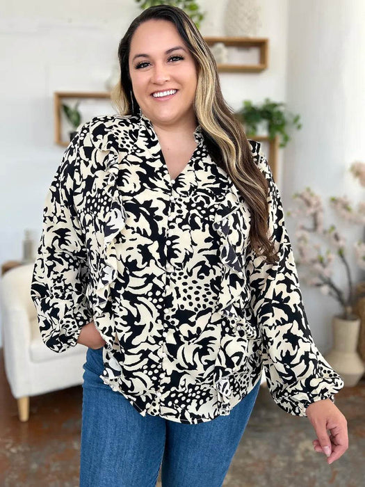 Double Take Full Size Printed Ruffle Trim Balloon Sleeve Shirt - Byyde