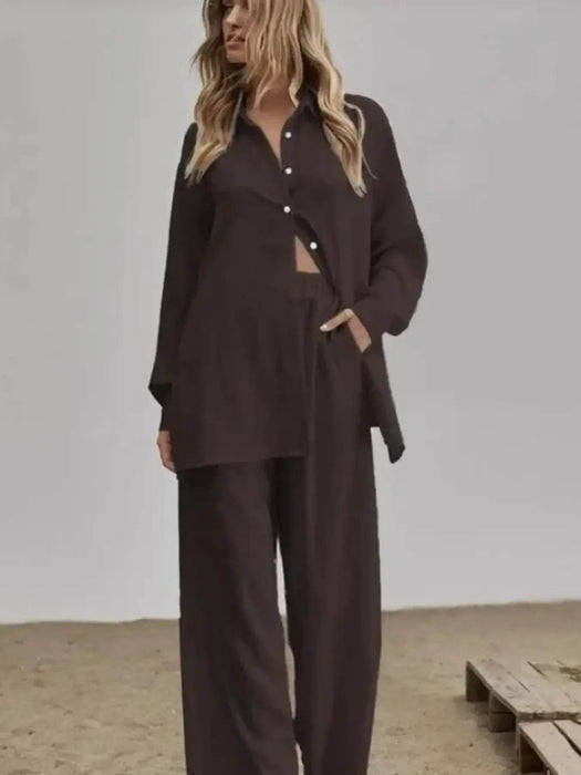 Button Up Long Sleeve Shirt and Pants Set - Byyde