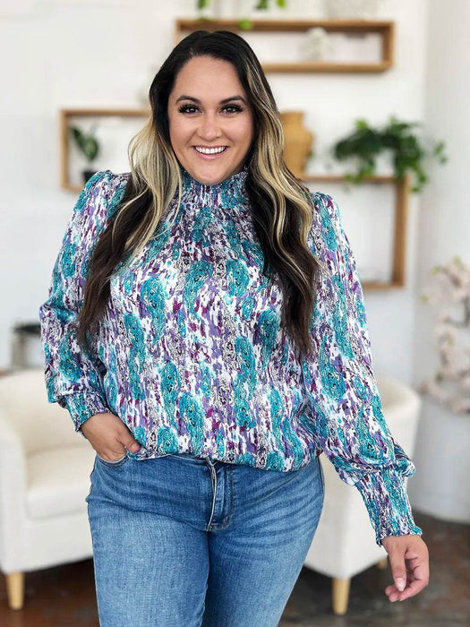 Double Take Full Size Printed Smocked Long Sleeve Blouse - Byyde