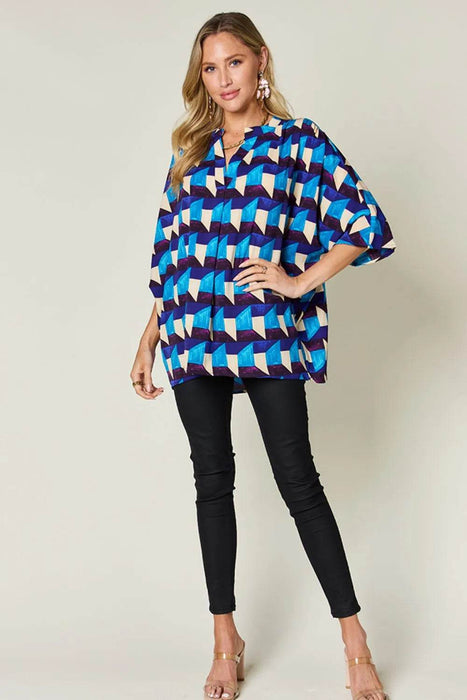 Double Take Full Size Geometric Notched Half Sleeve Blouse - Byyde