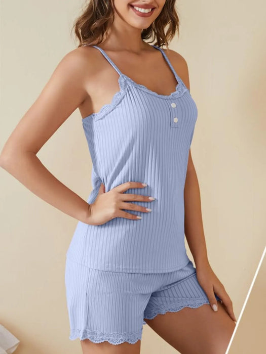 Lace-Trimmed Ribbed Cami and Shorts Lounge Set - Byyde
