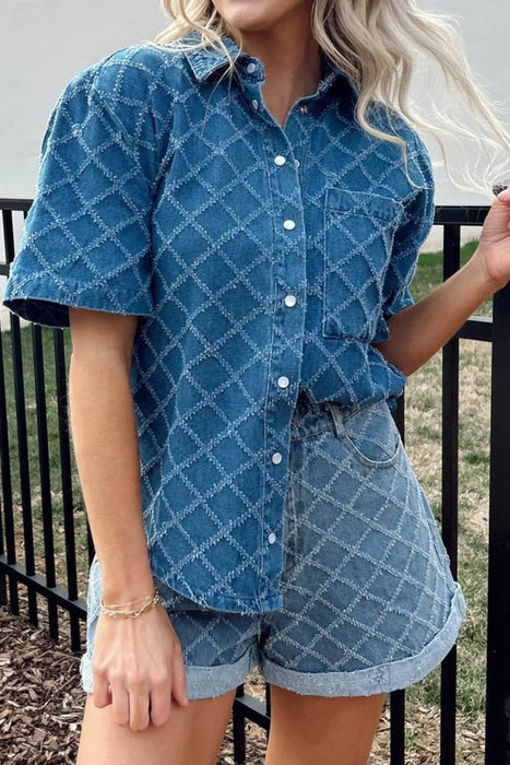 Pocketed Collared Neck Short Sleeve Womens Denim Shirt – Stylish Ladies Denim Shirt - Byyde