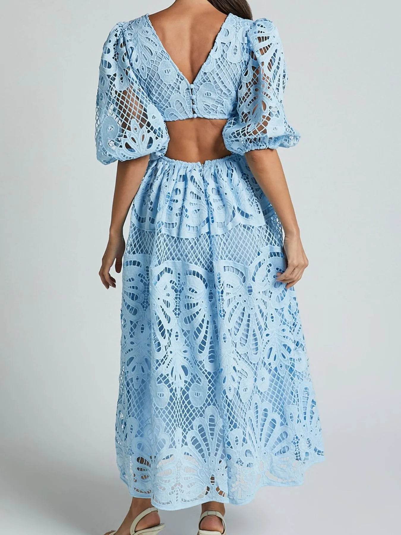 Cutout Back Lace Crochet V-Neck Dress - Byyde