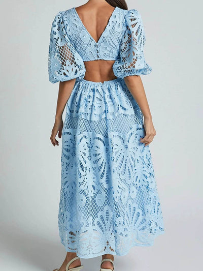 Cutout Back Lace Crochet V-Neck Dress - Byyde