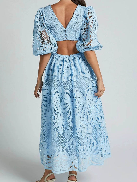 Cutout Back Lace Crochet V-Neck Dress - Byyde