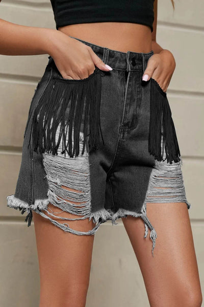 Distressed Fringe Denim Shorts - Byyde