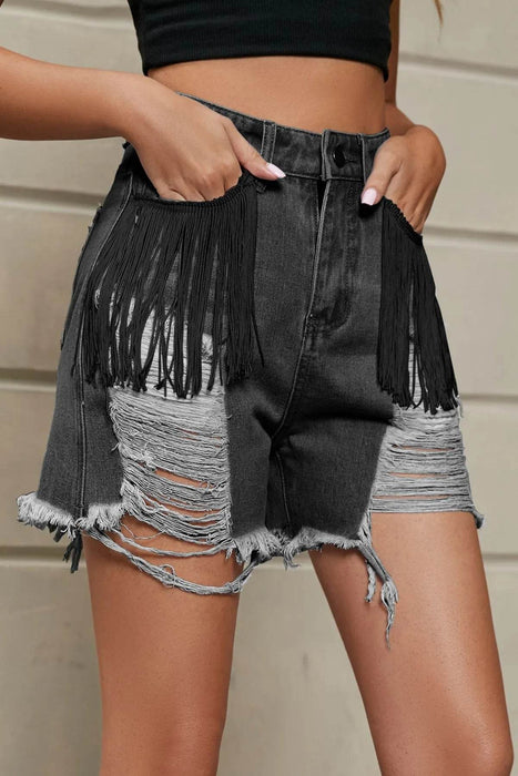 Distressed Fringe Denim Shorts - Byyde