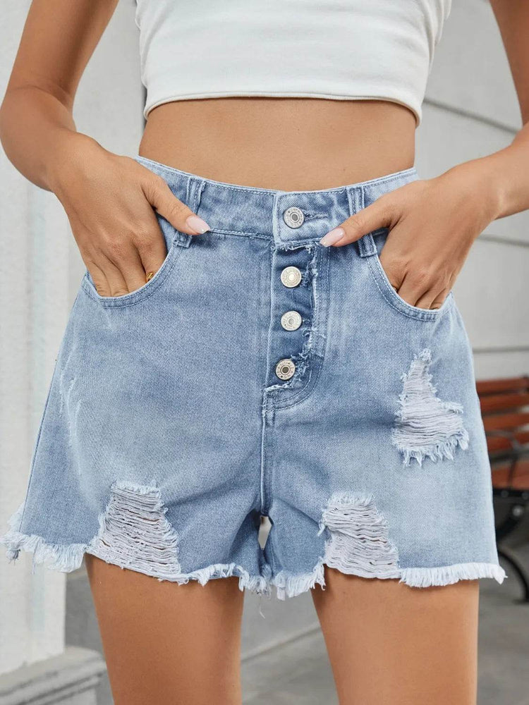Distressed Raw Hem Denim Shorts - Byyde