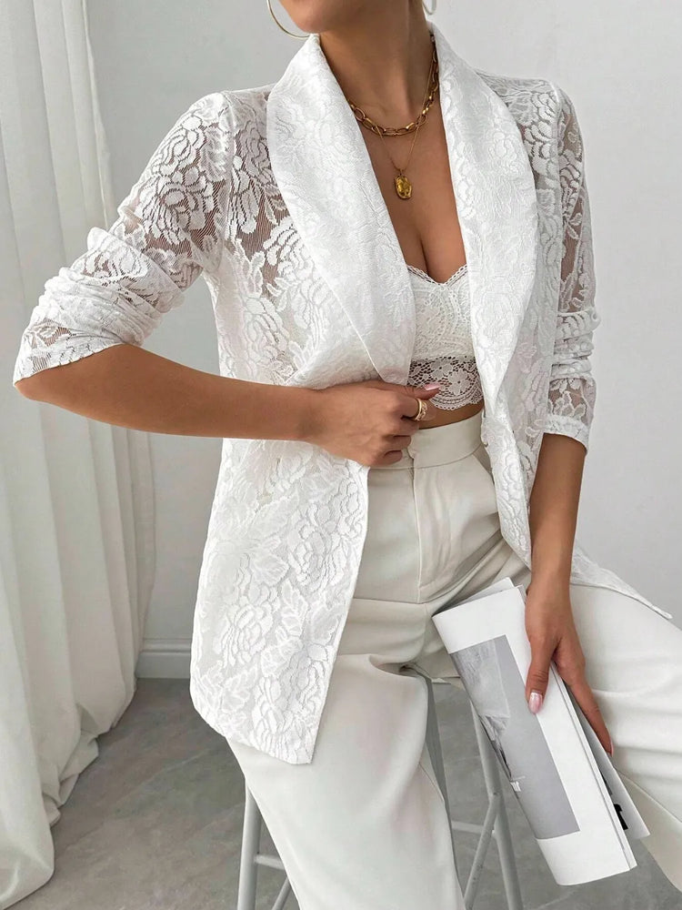 Lace Lapel Collar Long Sleeve Blazer - Byyde