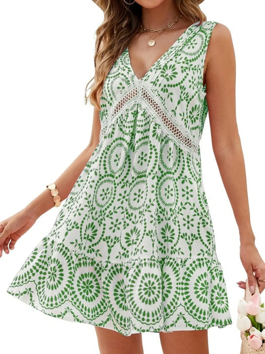Printed V-Neck Sleeveless Mini Dress - Byyde