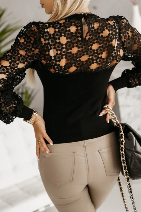 Hollowed Floral Lace Spliced Long Sleeve Blouse - Byyde