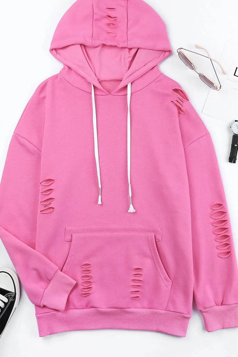 Distressed Drawstring Long Sleeve Hoodie - Byyde