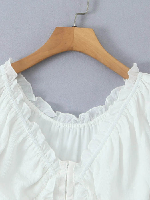 Frill V-Neck Puff Sleeve Blouse - Byyde