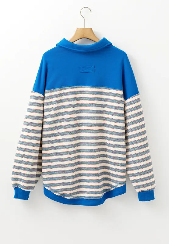 Striped Johnny Collar Long Sleeve Sweatshirt - Byyde