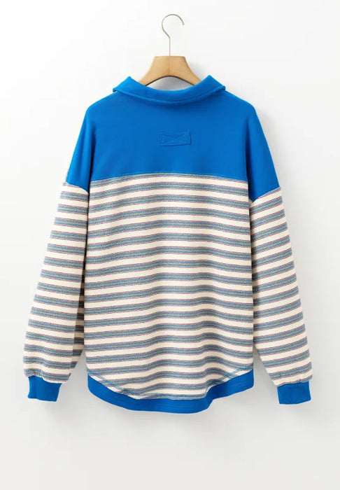 Striped Johnny Collar Long Sleeve Sweatshirt - Byyde