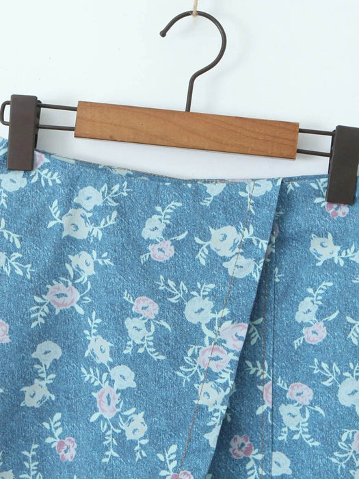 Floral Print Strapless Top and Skort Denim Set - Byyde