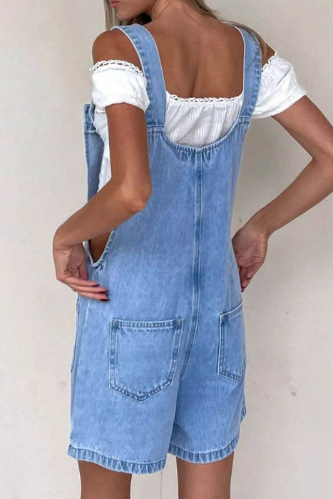 Button Front Denim Overall Shorts with Front Pockets - Byyde