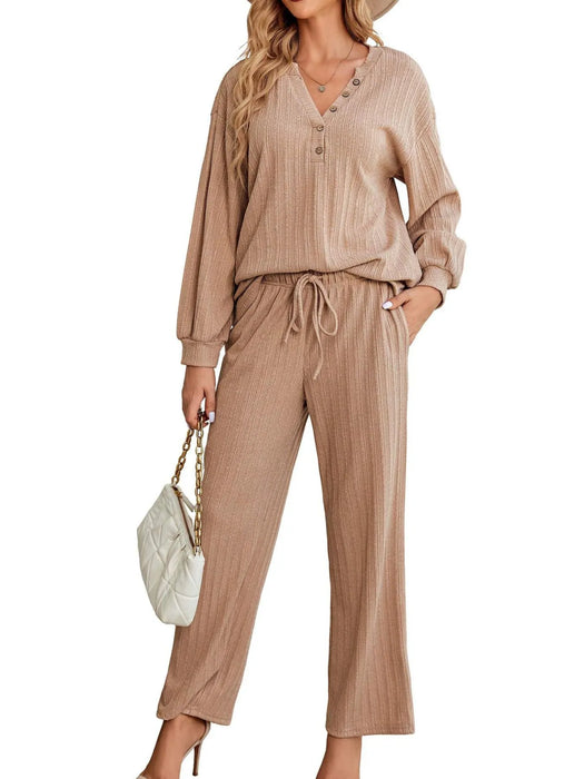 Ribbed Knit Top and Pants Lounge Set with Button Detail - Byyde