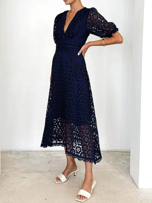 Eyelet Lace V-Neck Midi Dress with Puff Sleeves - Byyde