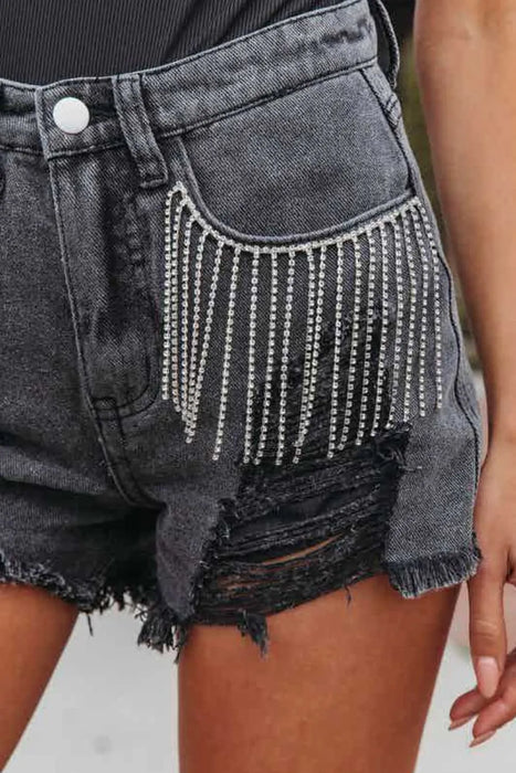 Rhinestone Fringe Distressed Denim Shorts - Byyde